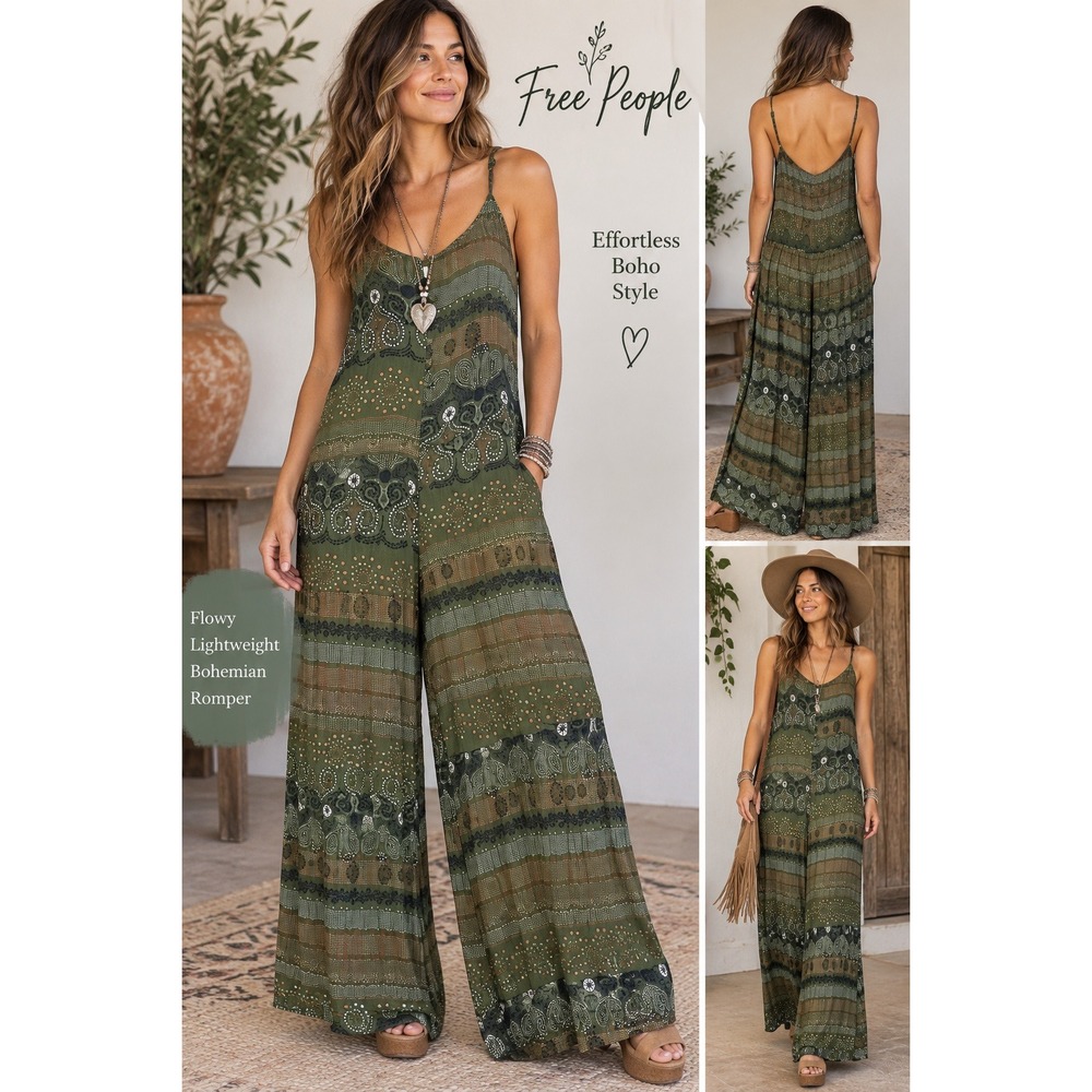 Free People Keep It Real Maxi Romper Jumpsuit Green Boho Paisley Small OB638848